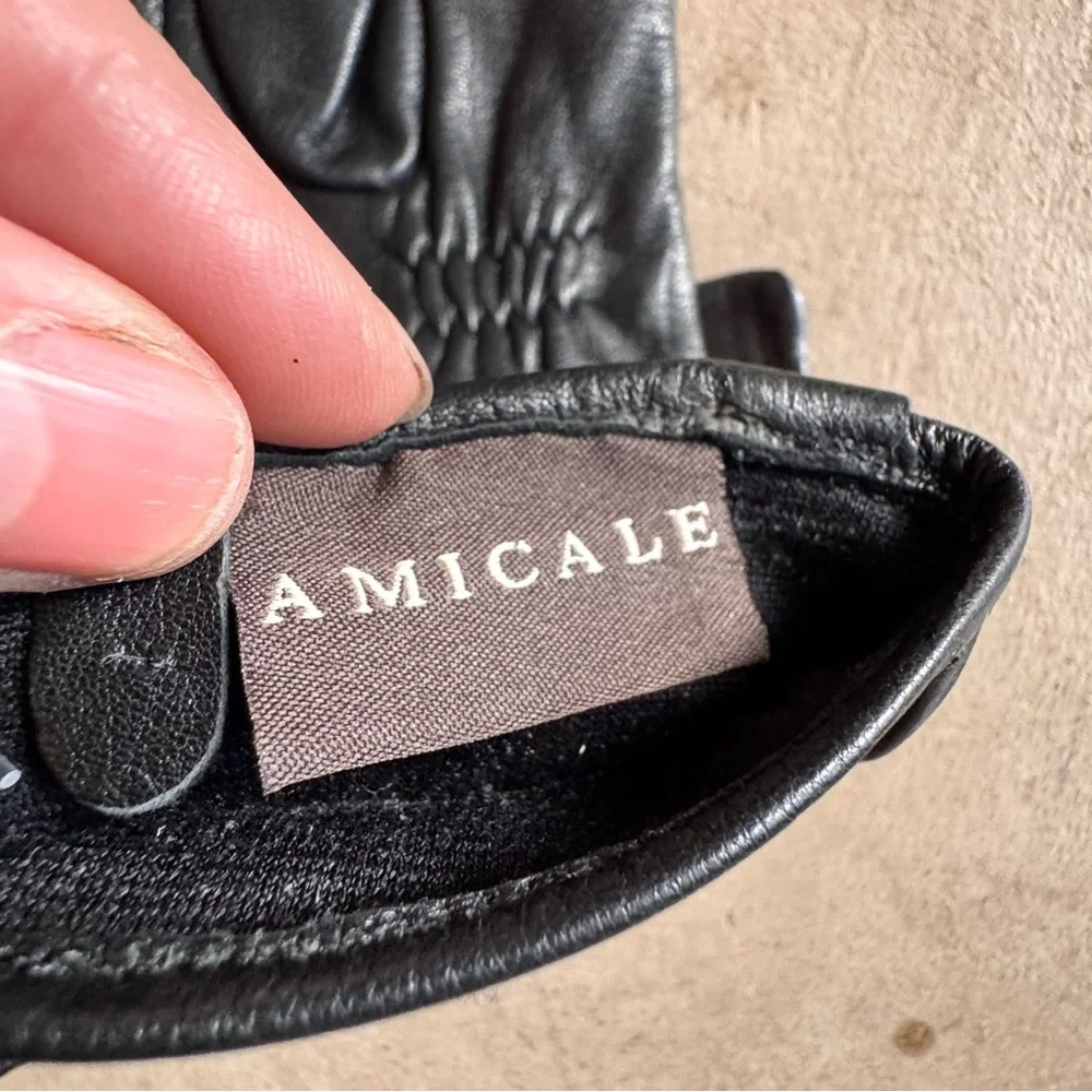 Amicale Cashmere Black Leather Gloves with Bows Very Small Petite